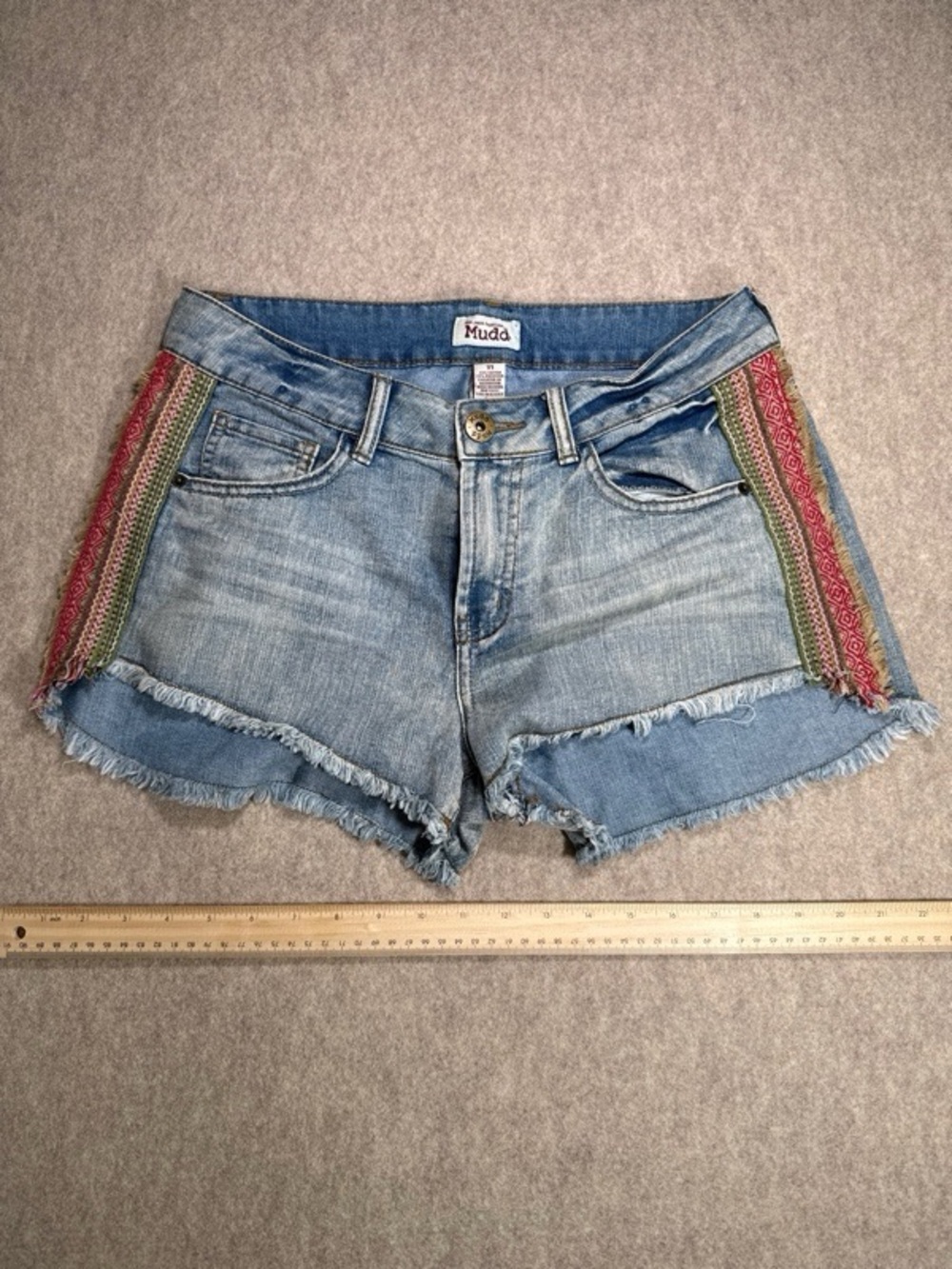 Mudd Light Wash Denim Shorts with Colorful Embroidered Side Panels